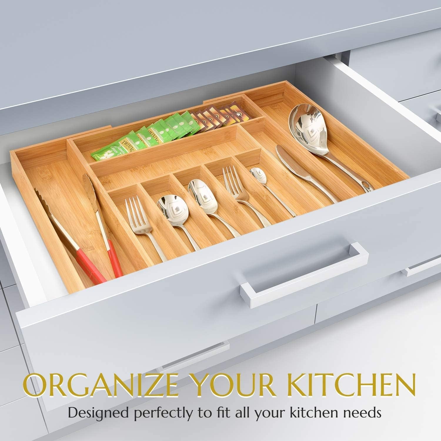 Bamboo Expandable Utensil Drawer Organizer, Premium Bamboo for Cutlery, Flatware, Silverware - Drawer Dividers for Easy Storage (8-10 Slots)
