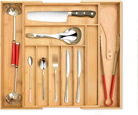 Bamboo Expandable Utensil Drawer Organizer, Premium Bamboo for Cutlery, Flatware, Silverware - Drawer Dividers for Easy Storage (8-10 Slots)